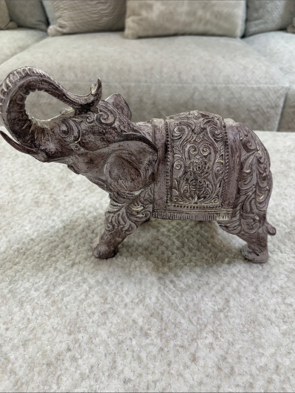 Decorative Carved Elephant Figurine - Silver Finish